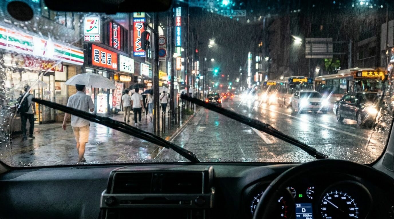 夜の雨で運転席の視界が悪くなる